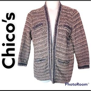 Chicos women gray navy white weave knit sweater cardigan long sleeve Sz large